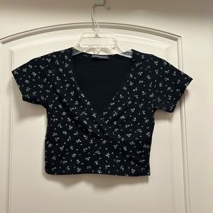 Brandy Melville cropped top, black with flower design